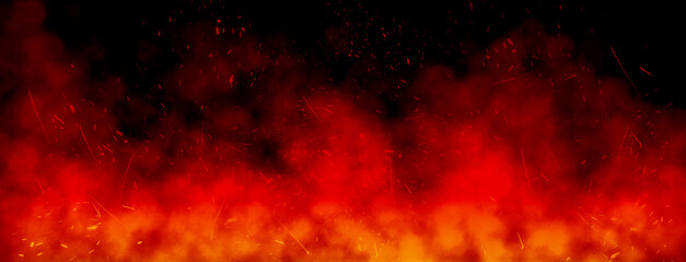Abstract image of Orange fire or flames with sparkles and smoke in black background.