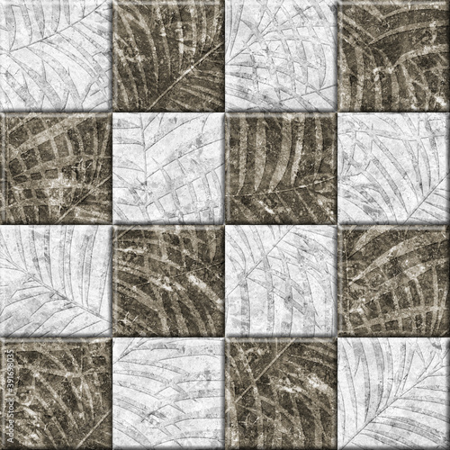 Stone decorative tiles with tropical leaves texture. Element for interior design. Background texture