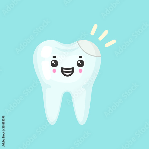 Filling tooth with emotional face, cute colorful vector icon illustration. Cartoon flat isolated image