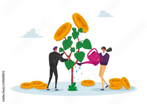 Business Man and Woman Characters Watering Money Tree, Growing Wealth Capital for Refund Care of Plant with Gold Coins