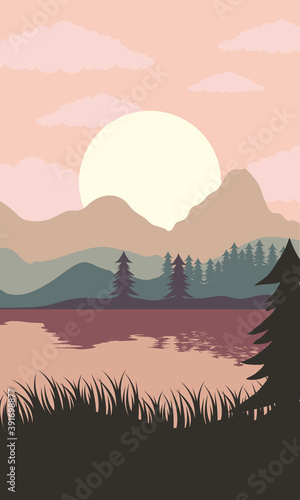 beautiful landscape sunset scene with lake and forest