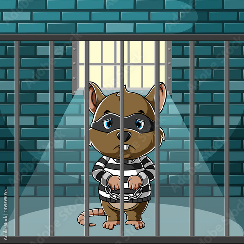 Thief mouse standing and chained in the old jail