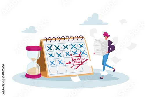 Deadline, Time Management in Business. Tiny Stressed Businessman Character with Documents Pile at Huge Calendar Schedule