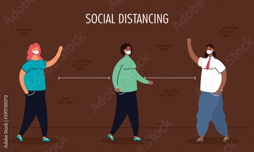 interracial women group practicing social distancing characters