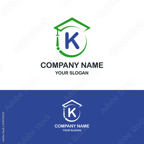 Initial K combine with toga hat icon for education business logo template