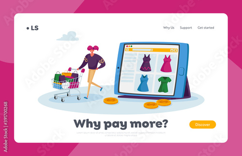 Online Shopping Landing Page Template. Tiny Character Purchase Dresses in Internet Store, Girl Pushing Trolley with Bags
