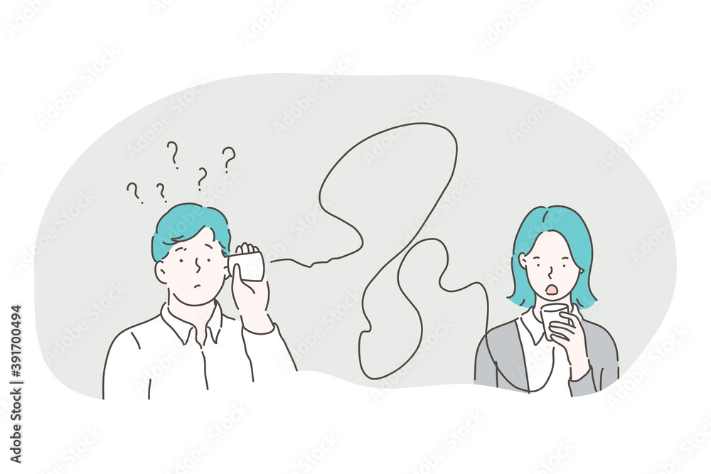 Misunderstanding, connection, communication problems concept. Young frustrated couple man and woman speaking and listening through glasses with wires and feeling misunderstanding between each other Misunderstanding, connection, communication problems concept. Young frustrated couple man and woman speaking and listening through glasses with wires and feeling misunderstanding between each other