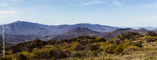 Mountain landscape panorama. Yellow foliage, autumn