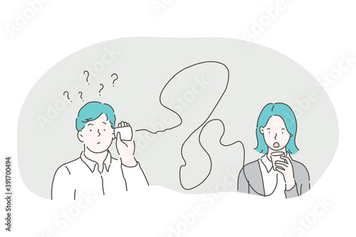 Misunderstanding, connection, communication problems concept. Young frustrated couple man and woman speaking and listening through glasses with wires and feeling misunderstanding between each other