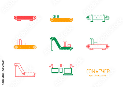 Conveyer - vector icons set on white background.