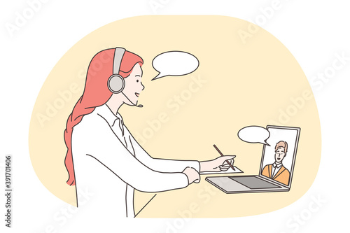 Online meeting, communication, distant work, teleconference concept. Young people business partners team coworkers discussing working project online during video call and internet online conference