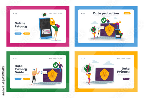 Privacy Data Protection in Internet, Virtual Private Network Landing Page Template Set. Tiny Characters at Huge Laptop