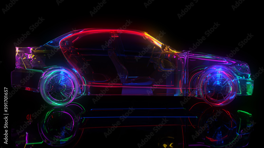 Glass car with neon lighting. The edges of the car are highlighted