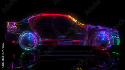 Glass car with neon lighting. The edges of the car are highlighted