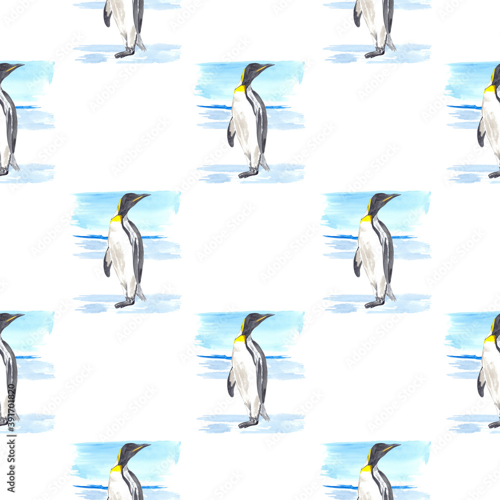 Naklejka premium Watercolor nordic seamless pattern with emperor penguin. Perfect for printing, textile, web design, souvenirs and many other creative projects.