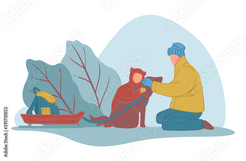 Winter holidays, outside fun with family and pet