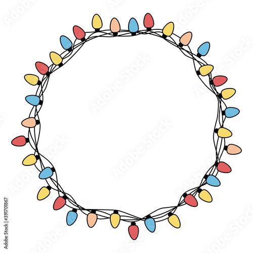 Colorful frame with light bulb. Christmas lights decorative garland. Xmas bulbs. Vector illustartion. banner concept, white background. 