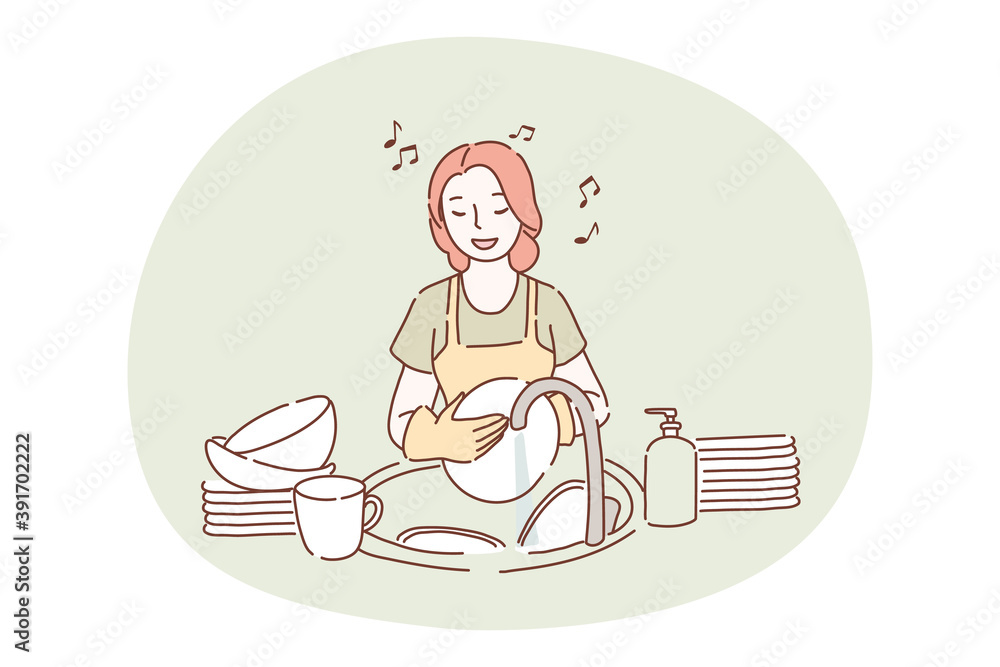 Obraz premium Washing dishes, housework, cleaning concept. Young smiling woman cartoon character in apron and gloves standing, washing heap of dishes in sink in kitchen and singing song alone. Maid, housekeeper 