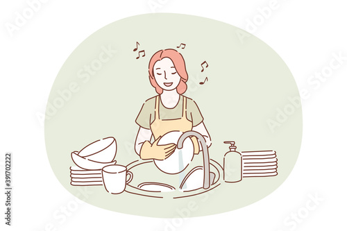 Washing dishes, housework, cleaning concept. Young smiling woman cartoon character in apron and gloves standing, washing heap of dishes in sink in kitchen and singing song alone. Maid, housekeeper 