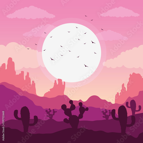 beautiful landscape desert scene with cactus and birds flying