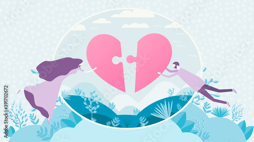 The concept of love and healthy relationships. Creating a shared future. Flat persons start a family. A heart symbol composed of a puzzle connected together. Young couple create love