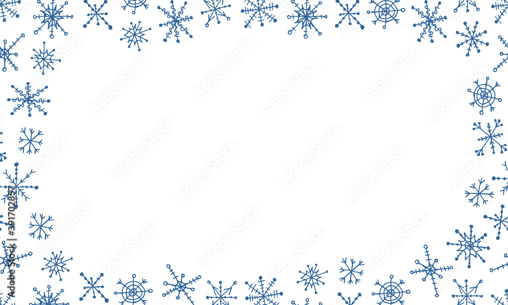 Snowflake simple doodle frame. Hand drawn snow element isolated on white background. Winter season, Christmas celebration