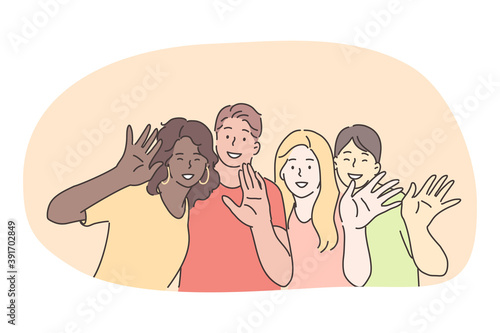 Mixed race, multi ethnic group of friends, international friendship concept. Group of smiling friends cartoon characters of different nationalities standing and waving hands to camera together