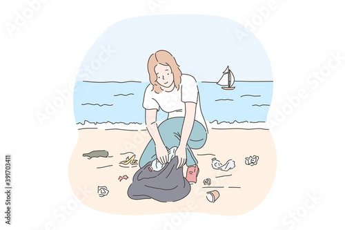 Collecting garbage, saving ecosystem, environment cleaning volunteer concept. Young woman activist sitting in beach and picking trash into big bag. Collecting rubbish, cleaning, ecological support 