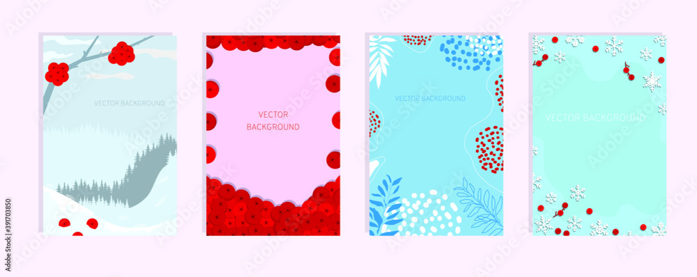 Set of vertical winter backgrounds with blue, white, red colors. Snow, snowflakes, red berries, landscape, nature, forest, hill, scattering of rowan berries, viburnum, spruce branches, plants, spruce.
