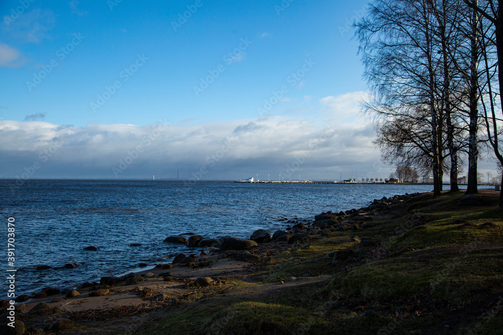 View of the Gulf of Finland from the territory of Petrodvorets, St. Petersburg, Russia.