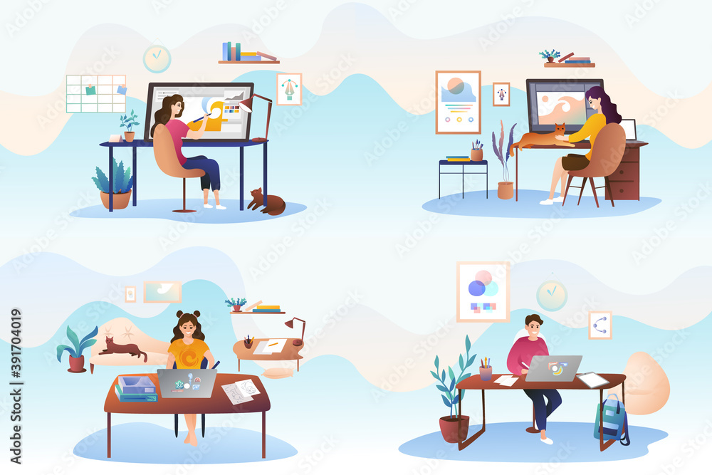Set of illustrations by modern designers. Remote work as a graphic illustrator, remote work at home. Young girls and a guy draw on large screens of graphic tablets. Set of illustrations by modern designers. Remote work as a graphic illustrator, remote work at home. Young girls and a guy draw on large screens of graphic tablets.