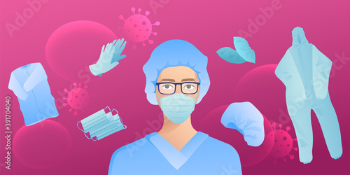 Young girl doctor with glasses and a protective mask. Personal protective equipment. Disposable overalls, shoe covers, gloves. Defeat the pandemic worldwide.