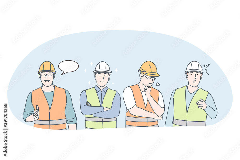 Engineering and construction workers concept. Men professional engineers, builders and managers cartoon characters in protective helmets and uniform communicating and discussing building projects Engineering and construction workers concept. Men professional engineers, builders and managers cartoon characters in protective helmets and uniform communicating and discussing building projects