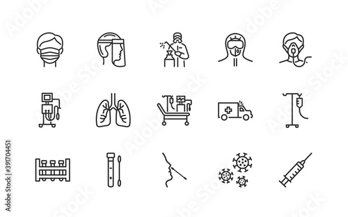 Covid-19 protection and medical test to detect it. Flat line icons set. Vector illustration included artificial lung ventilation, on faces in ppe. Editable strokes.