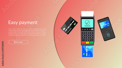 The concept of a bank pos terminal for paying for services using a card, phone, including contactless payment. Acquiring. Vector banner isometric 3d illustration, on a blue background. Copyspace.