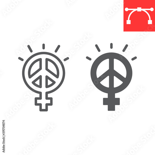 Female peace line and glyph icon, sexism and feminism, me too sign vector graphics, editable stroke linear icon, eps 10.