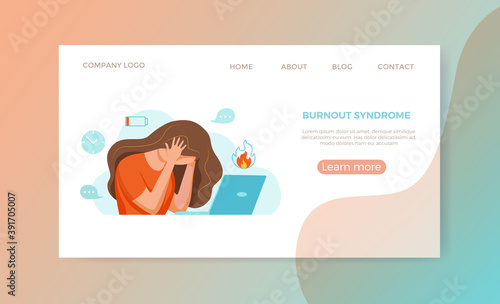 Professional burnout syndrome exhausted woman tired sitting at her workplace in office holding her head