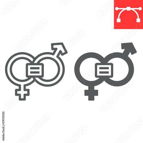 Gender equality line and glyph icon, sexism and feminism, equal rights sign vector graphics, editable stroke linear icon, eps 10.