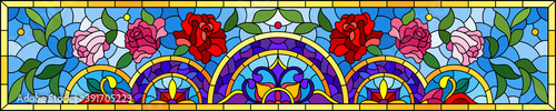 Illustration in the stained glass style with an abstract flower arrangement on a light blue background, horizontal image