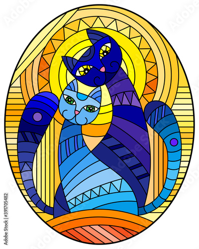 Illustration in stained glass style with a pair of abstract geometric blue cats on an orange background with sun, oval image