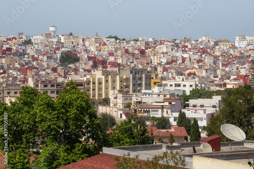Aerial view of the Medina old buildings in the historical part of Tangier in sunny day. Morocco.