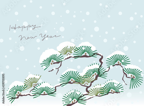 Happy new year greeting on Japanese traditional retro style illustration of pine tree and snow pattern vector background