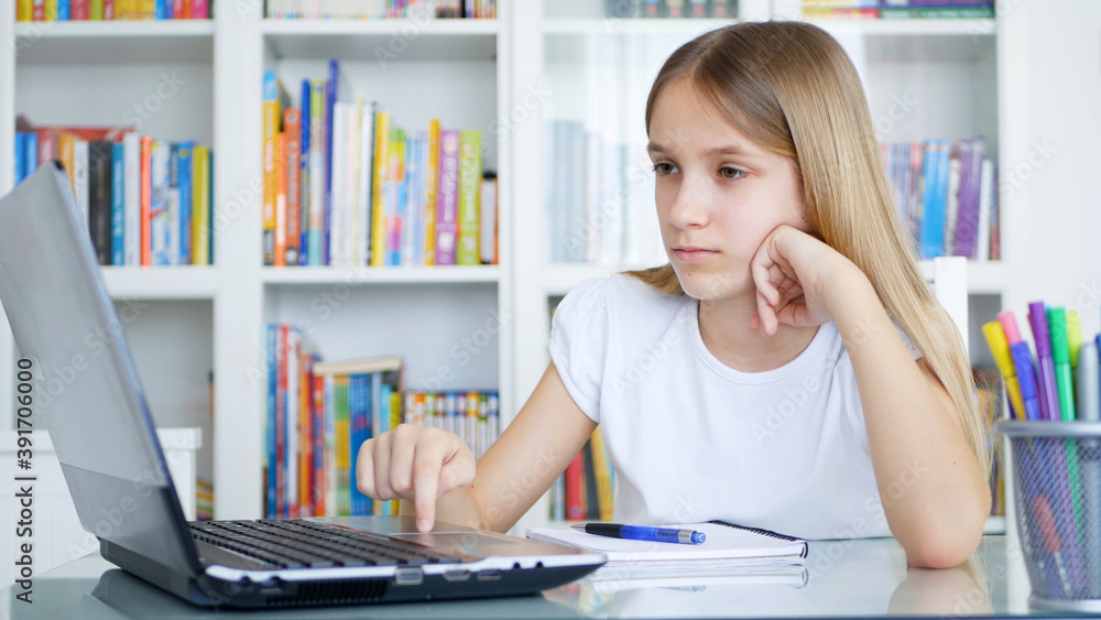 Kid Using Laptop Studying, Learning in Video Conferencing, Child Writing Schoolgirl Chatting Teacher from Home, Online Education Kid Using Laptop Studying, Learning in Video Conferencing, Child Writing Schoolgirl Chatting Teacher from Home, Online Education