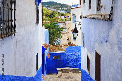 View of the blue walls of Medina quarter in Chefchaouen, Morocco. © Renar