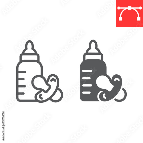 Baby bottle with nipple line and glyph icon, food and milk, baby products sign vector graphics, editable stroke linear icon, eps 10.
