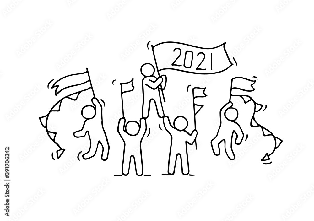 Sketch of working little people with garlands and flags. Sketch of working little people with garlands and flags.