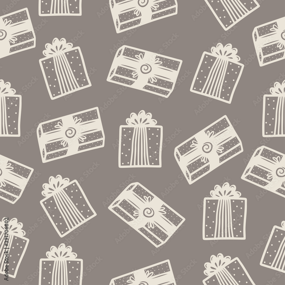 Seamless pattern with hand drawn gift boxes with a bow on a brown background. Doodle, simple outline illustration. It can be used for decoration of textile, paper and other surfaces. Seamless pattern with hand drawn gift boxes with a bow on a brown background. Doodle, simple outline illustration. It can be used for decoration of textile, paper and other surfaces.