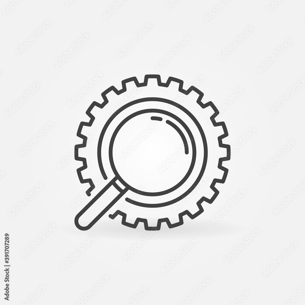 Magnifier inside Gear outline vector concept icon or design element Magnifier inside Gear outline vector concept icon or design element