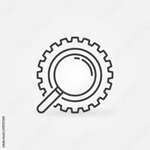 Magnifier inside Gear outline vector concept icon or design element
