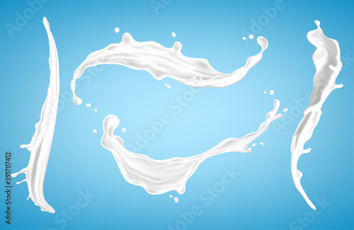 Milk splashes set isolated on blue background. Natural dairy product, yogurt or cream splash. Realistic vector illustration